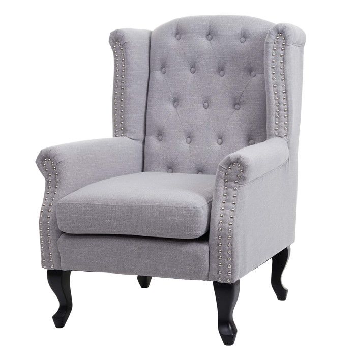 Fauteuil de luxe Chesterfield fauteuil à oreilles tissu hydrofuge - gris sans ottomane