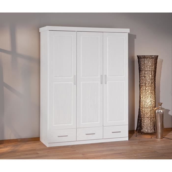Armoire A 3 Portes Et 3 Tiroir Coloris Blanc En Bois Massif