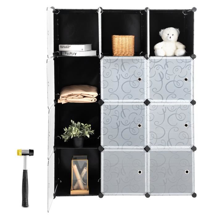 armoire de rangement en pp - costway - 12 cube - motif imprimé - noir et blanc
