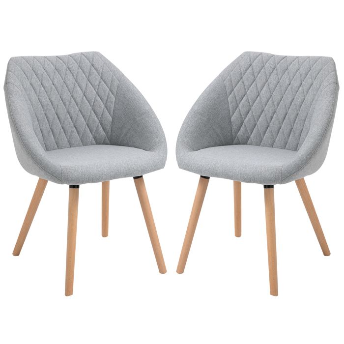 Lot de 2 Chaises de Cuisine en Tissu Rembourré Gris Clair Pieds en Bois Solide Phola