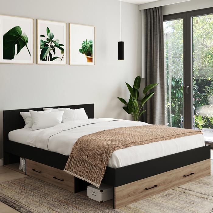 IDMARKET Lit double MINEA avec tiroirs + niches de rangement + tête de lit et sommier 140 x 190 cm façon hêtre et noir