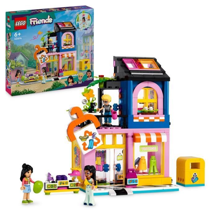 lego® 42614 friends la boutique de vêtements vintage, modèle avec les mini-poupées olly, liann et jordin et une figurine de chat