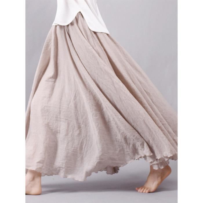 Jupe longue plissée en lin et coton pour femme,taille élastique,maxi,style boho,vintage,été 2020- Beige[C1238]
