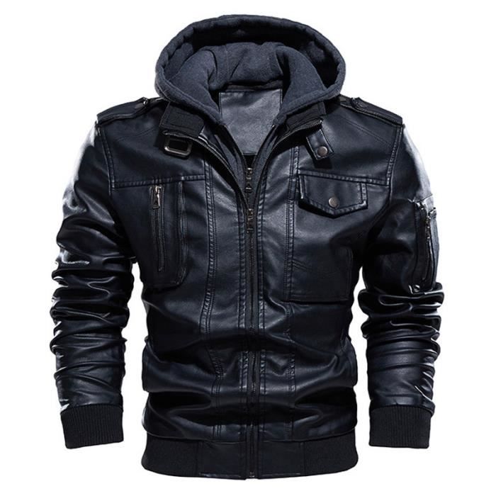 Blouson Homme en Cuir a Capuche Multi poches Fashion Chaud Hiver Veste en Cuir Moto Confortable Marque Luxe Veste Homme Noir Noir Cdiscount Pret a Porter