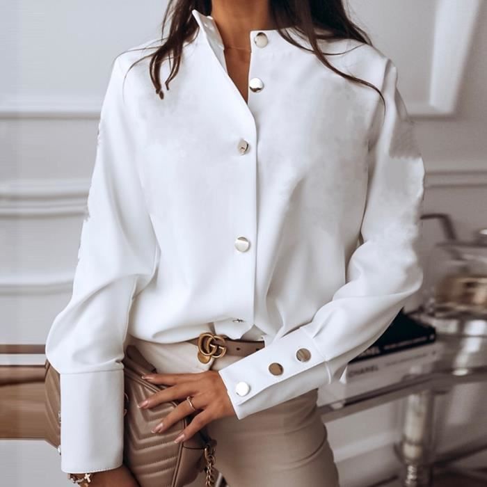 Blouse femme Bouton a manches longues Blouse femmes automne hiver simple boutonnage col montant chemises bureau Type White Blanc Cdiscount Pret a Porter