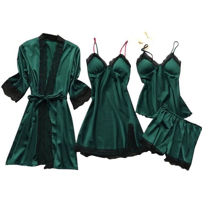 Sasaquoy Nuisette Deshabille Lingerie Femmes Soie Dentelle Robe Babydoll Vetements De Nuit Chemise Pyjama Ensemble Vert armee