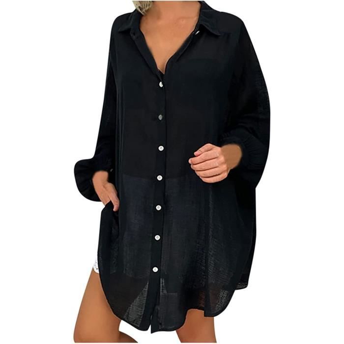 CHEMISE CHEMISETTE Femme en Coton Lin Chic Sexy Long Baggy Chemise Manche Longue D contract Blouse Ample Printemps Noir