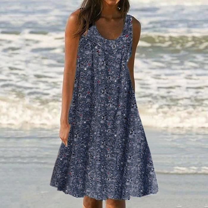 Robe mi-longue robe d'?�t?� ?� fleurs pour femmes ?� manches courtes et col rond robe de plage ample 
