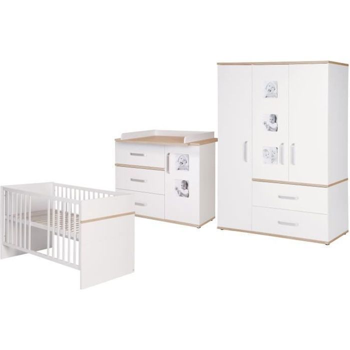 ROBA Chambre B&eacute;b&eacute; Compl&egrave;te Pia - Lit 70x140 + Commode &agrave; Langer + Armoire - Blanc / Ch&ecirc;ne (I)