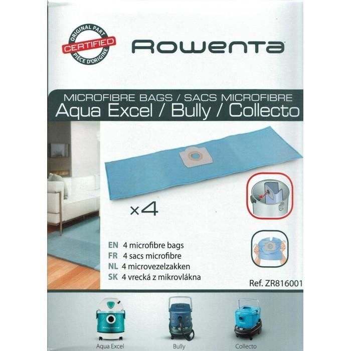 Sacs pour Aspirateur - Rowenta - ZR816001 - Microfibre - 4 pièces - Compatible Aqua Excel Bully Collecto