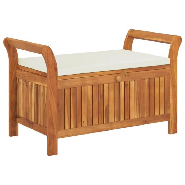 Banc de rangement de jardin - SALALIS - 91 cm - Bois dacacia massif - Coussin blanc crème - 110 kg