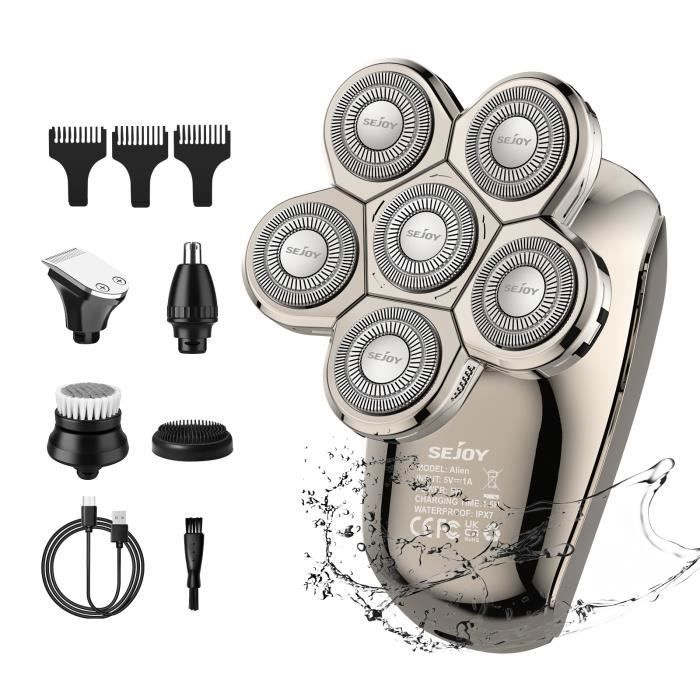 SEJOY Rasoir Électrique Homme 5 En 1 Kit 6 Têtes Chauve Tondeuse Barbe Cheveux Nez et Oreilles Massage Brosse de Nettoyage Écran LED
