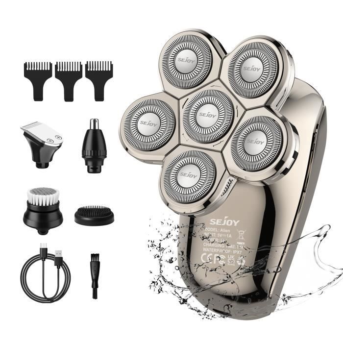 SEJOY Rasoir Électrique Homme 5 En 1 Kit 6 Têtes Chauve Tondeuse Barbe Cheveux Nez et Oreilles Massage Brosse de Nettoyage Écran