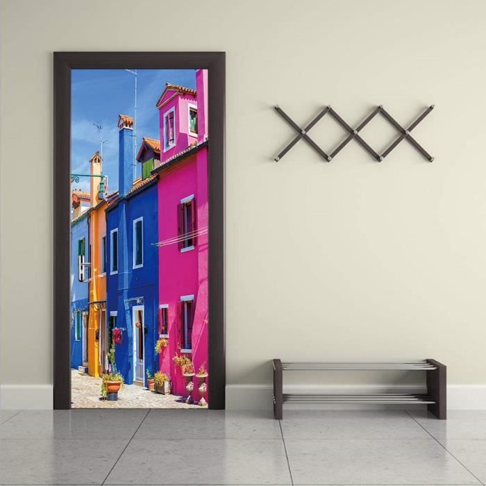 Autocollant De Porte 3d Papier Peint Maison Coloree Pour Salon
