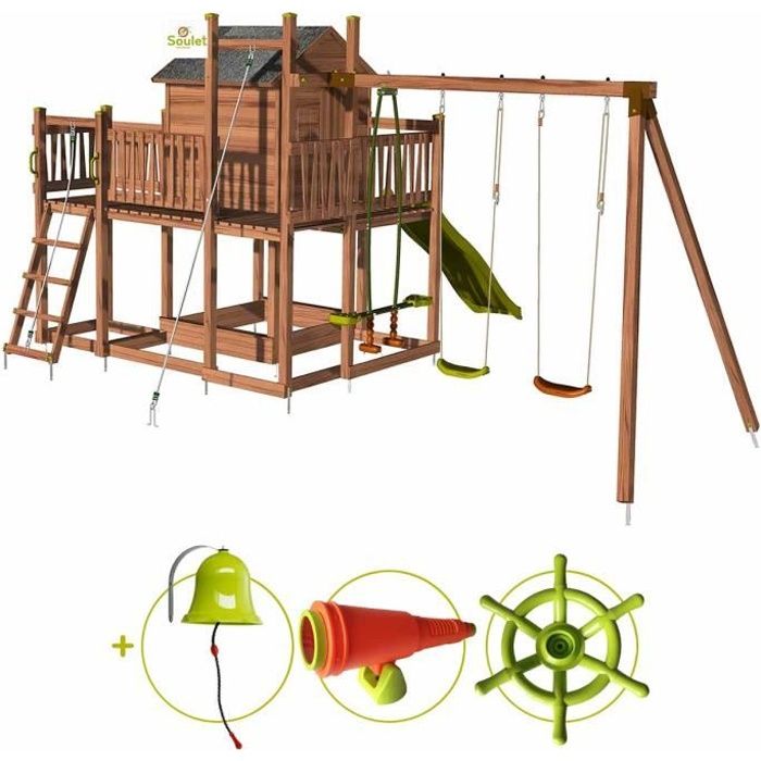 SOULET - Aire de jeux pour enfant maisonnette avec portique et corde à grimper - COTTAGE HAPPY son kit d'accessoire BATEAUEn Bois