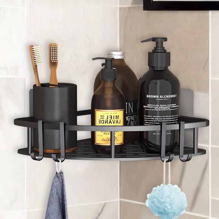 ® étagère de douche sans perçage - noir - triangle - avec 4 crochets - pour douche - pour salle de bain,[s594]