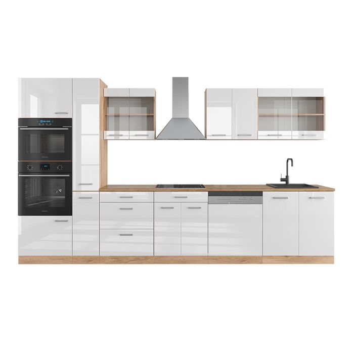 Cuisine R-Line, 300 cm avec armoire haute, PT Anthracite, Noir brillant