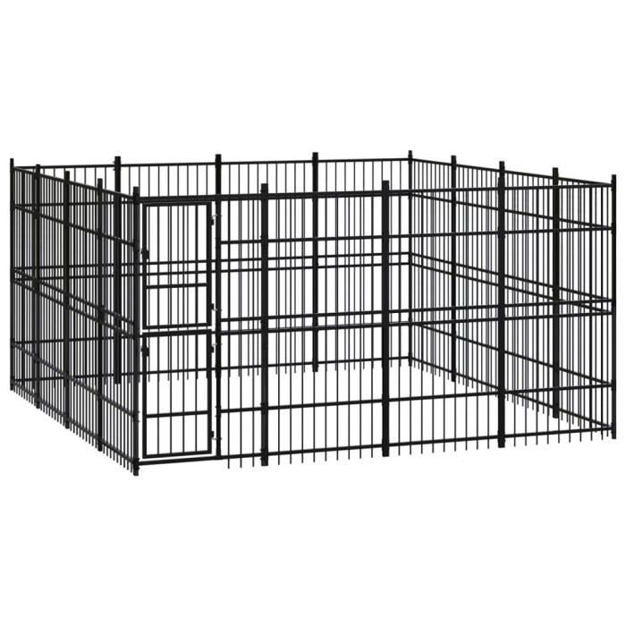 Meilleurs prix pour vidaXL Chenil d'extérieur pour chiens Acier 14,75 m², Noir, acier enduit de poudre, 384 x 384 x 200 cm (L x l x H)