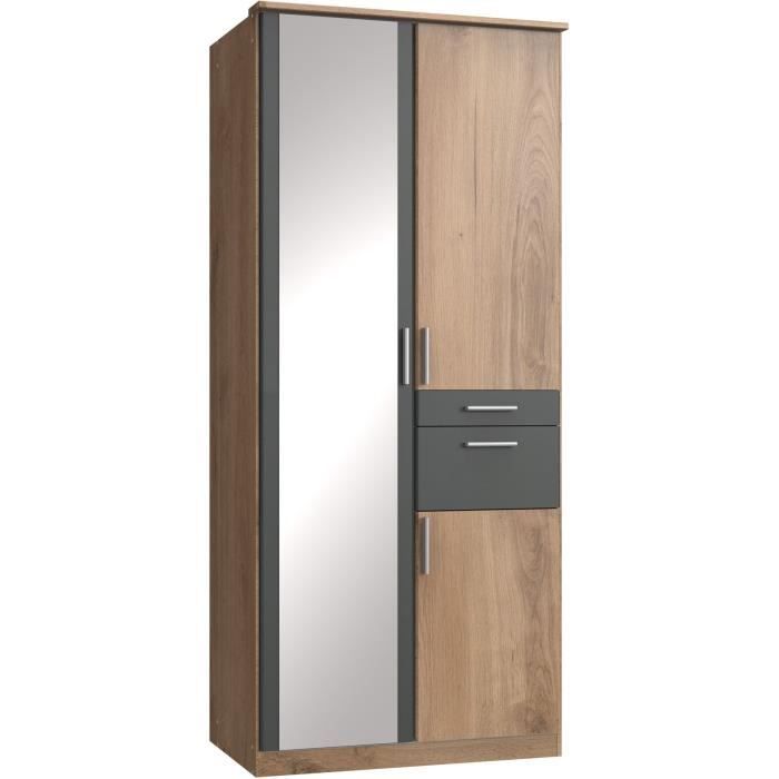 Armoire Décor Chêne & Graphite - 3 portes battantes - Miroir - 2 tiroirs - L90 x P58 x H199 cm - VOLOS