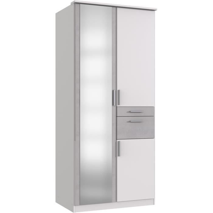Armoire - 3 portes battantes + Miroir - 2 tiroirs - Décor blanc et gris béton - L90 x P58 x H199 cm - VOLOS