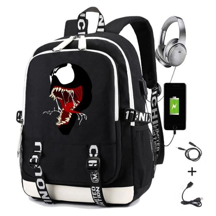 SAC A DOS,Black 02Sac à dos de super héros Venom Anime avec chargeur Usb pour adolescents, sac