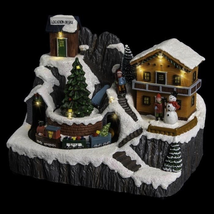Village de Noël Chalet de montagne avec Son Train lumineux, Animé et Musical