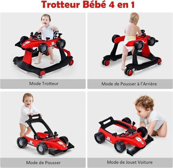 Trotteur Bébé 4 En 1 GOPLUS – Réglable 3 Hauteurs, Avec Musique, Lumières Et Roues Antidérapantes