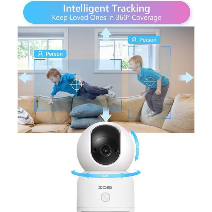 Caméra De Surveillance WiFi ZOSI Double Objectif 2MP - Motorisée 360° - Détection Humaine/voiture - Audio Bidirectionnel