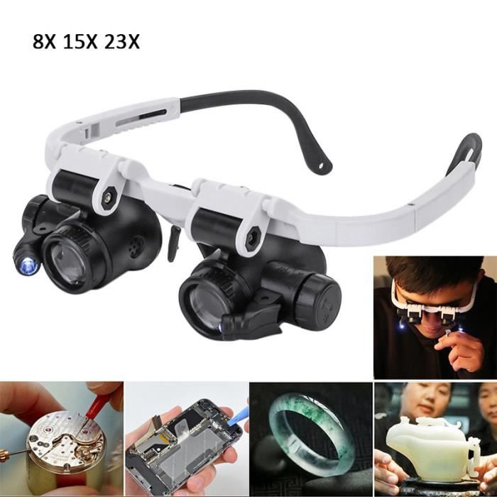 Lunette Loupe avec 2 Lumières LED Loupe Binoculaire Lampe Loupe Grossissante pour Horloger, Lecture, Bijoutier, Couture 8X-15X-23X