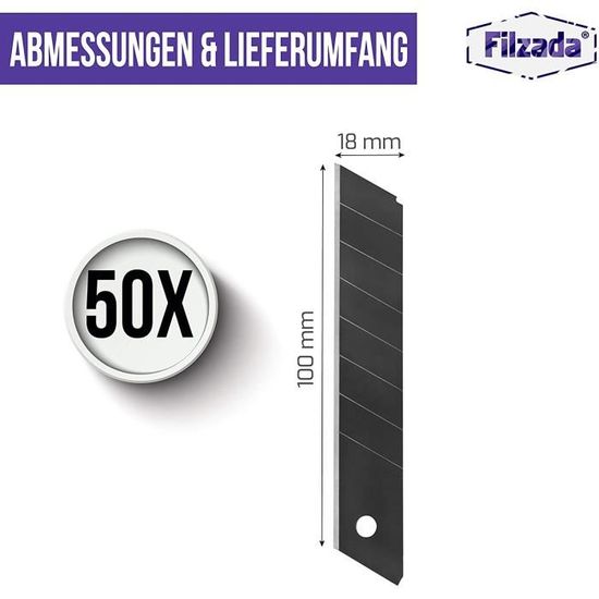 Filzada® 50x Lame Cutter 18mm - Lame de cutter noir - résistant et ultra  pointu - Lames de rechange pour couteaux : : Bricolage