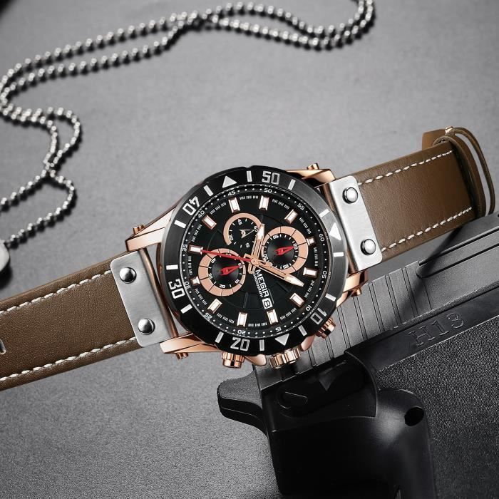 Montre Homme MEGIR Luxe Chronographe Date Montre Bracelet Sport Bracelet En Cuir Quartz Montre Homme