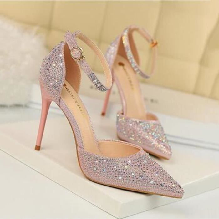 Escarpins Femmes Sparkle Strass Bout Pointu Chaussures Talon
