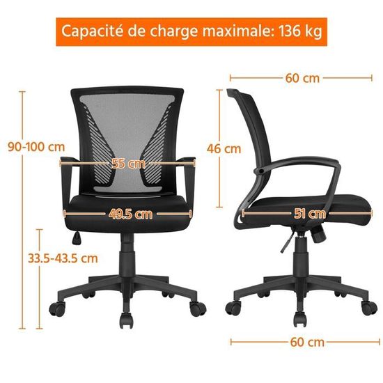 Yaheetech Chaise De Bureau Fauteuil Ordinateur Tissu Maille Pivotant Noir Ergonomique Inclinable Grand Siege Base Hauteur Reglable Achat Vente Chaise De Bureau Cdiscount