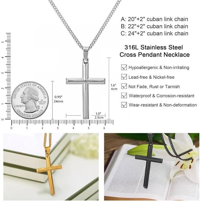 Collier Chaîne Fine Et Croix En Acier Inoxydable - Or