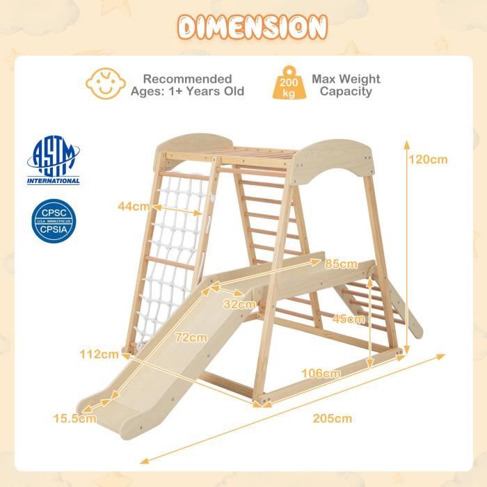 Triangle D’escalade COSTWAY Avec Toboggan Réglable – Cadre En Bois Massif, 2 En 1, Pour Intérieur, Dès 1 An, Charge 50 Kg