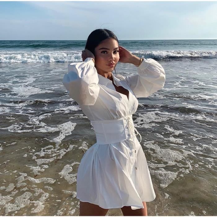 Robe NewAsia robe chemise a manches longues avec ceinture Corset pour femmes Vintage Sexy rose mode robes de Type White Blanc Cdiscount Pret a Porter