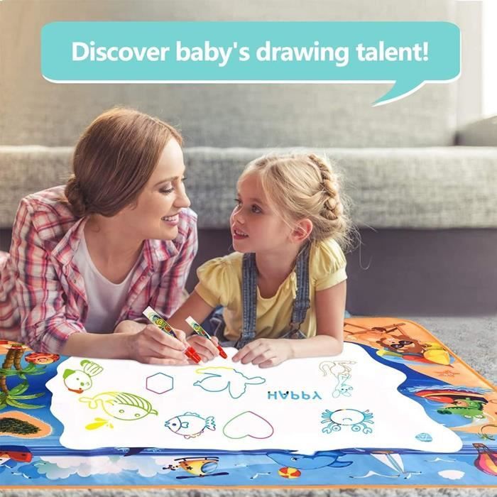 DIDUDE Tapis Magique Eau 120x90 Cm – Dessin Réutilisable, 3 Stylos, Tampons, Moules – Non Salissant – Cadeau 1-3 Ans