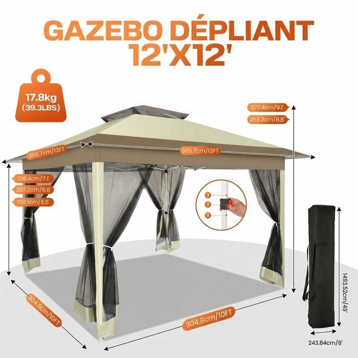 Tonnelle Pliante 3x3m Imperméable Kidsgigglz - UV50+ Avec Parois Latérales Pour Jardin Et Camping