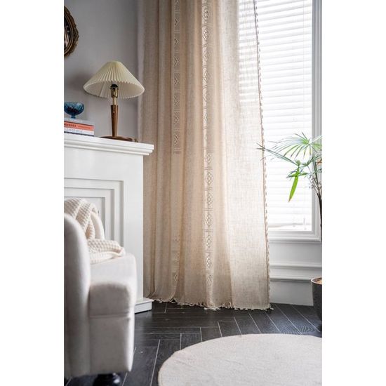 Rideau bohème, crochets, dentelle patchwork semi-occultant, pour salon ou chambre à coucher, 150 x 160 cm, beige - Maison Rideau bohème, crochets, dentelle patchwork semi-occultant, pour salon ou chambre à coucher, 150 x 160 cm, beige - Maison