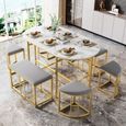 Ensemble table à manger - 1 plateau aspect marbre 6 tabourets - structure en acier stable - blanc et or moderne 140*70*76 cm-0