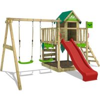 Aire de jeux en bois FATMOOSE JazzyJungle avec balançoire et toboggan rouge pour enfants avec bac à sable