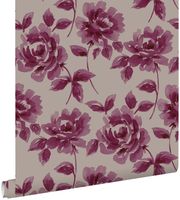 papier peint roses peintes à l'aquarelle violet aubergine et taupe - 53 cm x 10,05 m - 128017