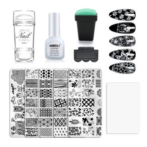 VERNIS A ONGLES AIMEILI Nail Art Stamping Templates Kit d'outils de manucure 5Pcs Nail Stamping Plates, 2 Stamper, 2 Scraper, 1 Latex Peel Off Tape
