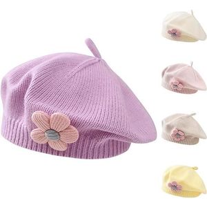 BONNET - CAGOULE Chapeau béret pour Petites Filles Bonnet Chaud pour l'hiver French Style Knit Hat Baby Cute Flower Berets Taille:45-50cm - Violet