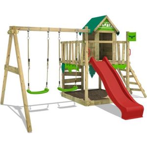 MAISONNETTE EXTÉRIEURE Aire de jeux en bois FATMOOSE JazzyJungle avec balançoire et toboggan rouge pour enfants avec bac à sable
