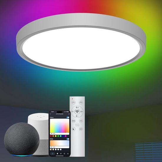 Plafonnier LED 30W, Luminaire Plafonnier RGB Rond 2700K-6500K, Éclairage de Plafond Dimmable