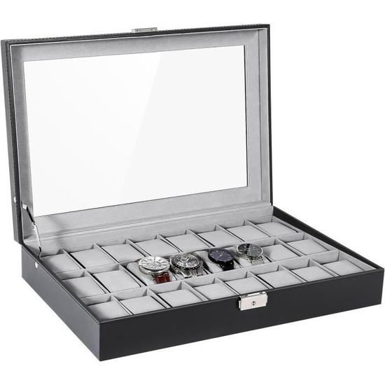 Boîte à Bijoux 6 Emplacements Pour Montres - 2 étages, Couvercle Verre, Serrure, Cuir PU Et Velours - Rangement Luxe Pour Montres Et Lunettes