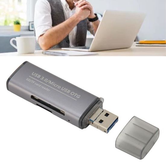 JJC Lecteur De Cartes SD 3-en-1 Ultra Rapide USB 3.0 / Type-C / Micro USB – Aluminium – Compatible 1 To – Transfert 90 Mo/s – Noir