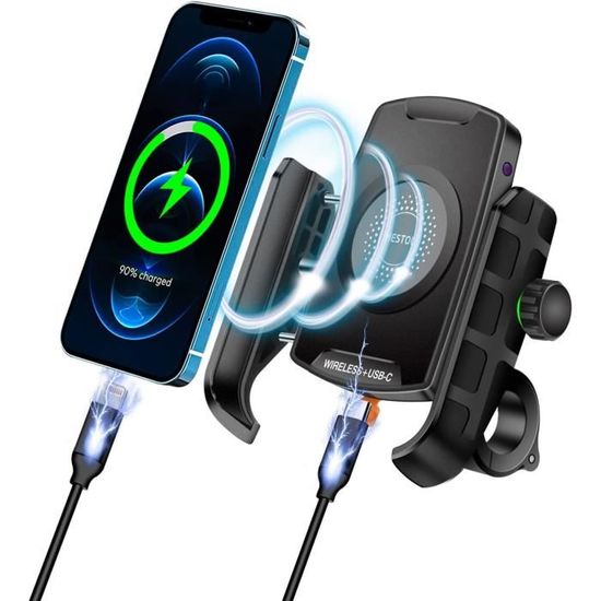Support Téléphone Moto,Chargeur USB/QC 3.0+Chargeur sans Fil 15 W,Tourne à 360 °, pour Téléphone Portable de 4 à 6,5 Pouces - Téléphonie