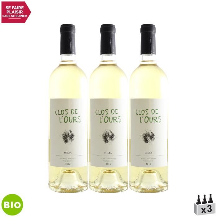 Côtes de Provence Milia Blanc 2016 - Bio - Lot de 3x75cl - Clos de l'Ours - Vin AOC Blanc de Provence - Cépages Rolle, Clairette, Ug